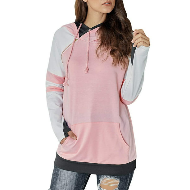 Ladies Long Sleeve Plus Size Hoodies Casual Colorblock Sweatshirt Patchwork Tops Womens Pullover 